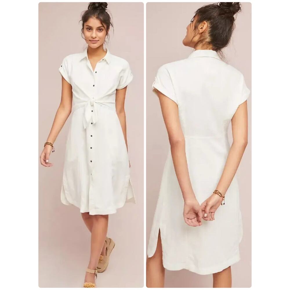 Anthropologie Maeve Elspeth Linen Blend Button Tie-Front Shirt Dress White Sz 0